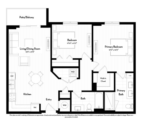 Floor plan for 2 beds, 2 baths, 999 sqft
